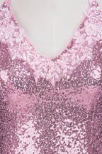 Robe de bal longue sirène à bretelles spaghetti, dos nu, rose pailleté, col en V