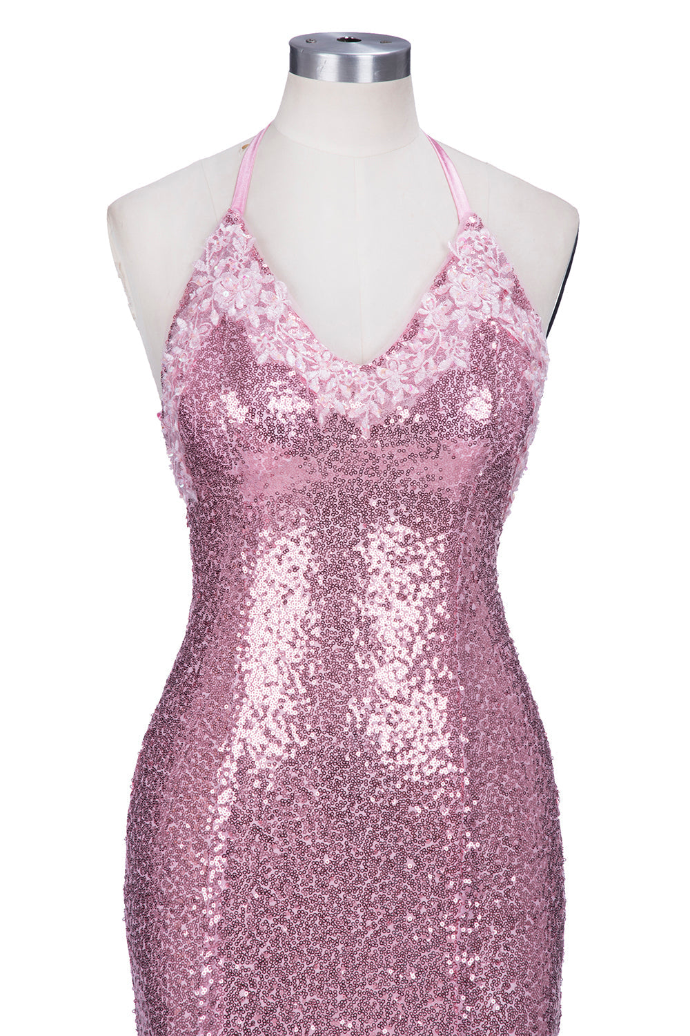 Robe de bal longue sirène à bretelles spaghetti, dos nu, rose pailleté, col en V
