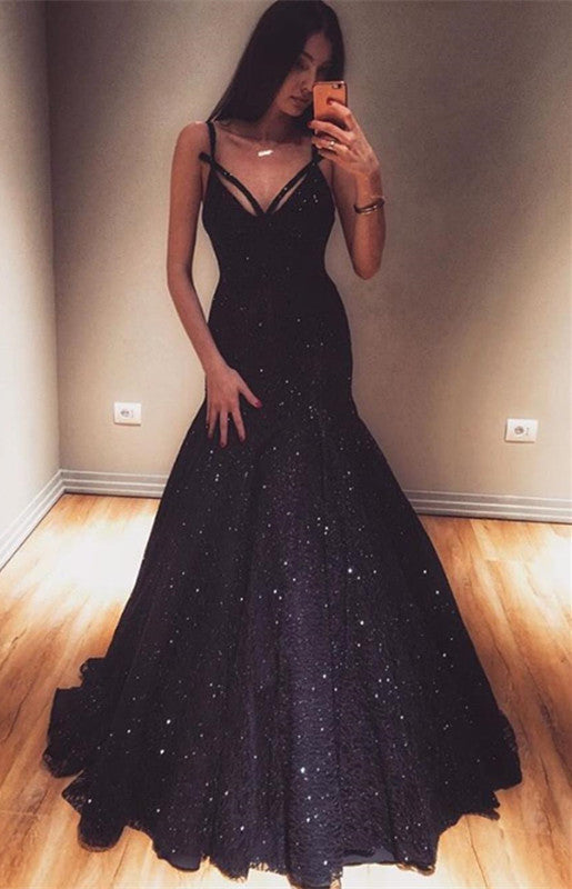 Robe de bal longue sirène à bretelles spaghetti et col en V ornée de paillettes