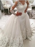 Vestidos de Noiva Longos com Cauda, Decote em V, Renda e Tule, com Mangas e Penteado Varredor