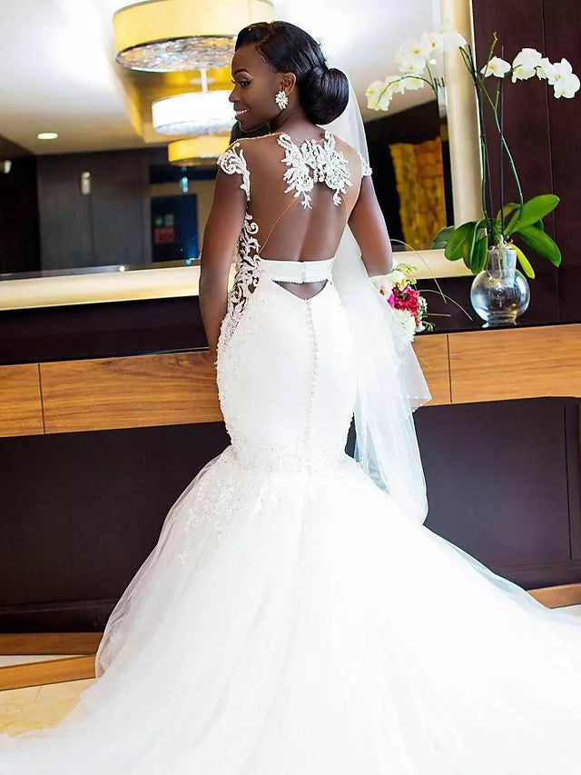Vestidos de Noiva Longos com Decote em V, Renda de Tule, Cauda de Capela e Costas Descobertas