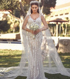 Vestido de novia largo de sirena con escote en V, tul y encaje, con cola desmontable