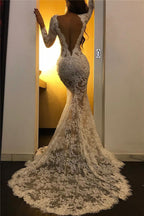 Robe de bal blanche longue sirène en tulle et dentelle à col en V avec fente