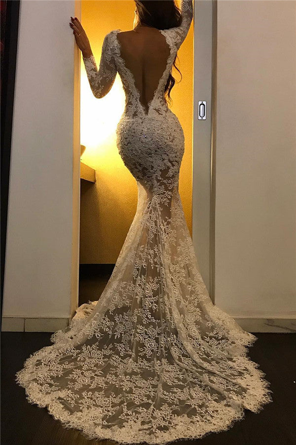 Robe de bal blanche longue sirène en tulle et dentelle à col en V avec fente