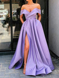 Long Off the Shoulder A-line Satin Front Slit Graduation Prom Dresses with Pockets