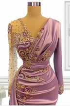 Vestidos de Baile de Sereia Longos Cor-de-Rosa com Contas e Mangas