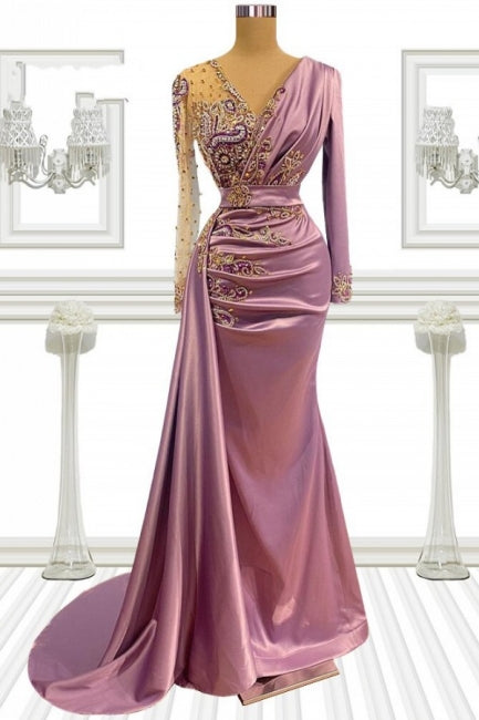 Vestidos de Baile de Sereia Longos Cor-de-Rosa com Contas e Mangas
