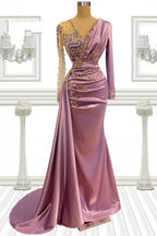 Vestidos de Baile de Sereia Longos Cor-de-Rosa com Contas e Mangas