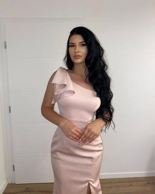 Robe de bal longue rose simple à une épaule fendue style sirène