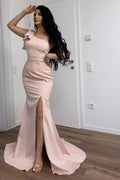 Robe de bal longue rose simple à une épaule fendue style sirène