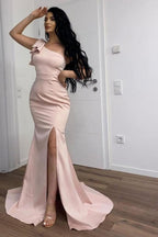 Robe de bal longue rose simple à une épaule fendue style sirène