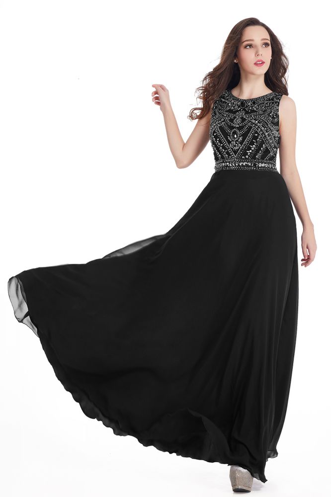 Vestidos de fiesta largos de gasa con cristales, joya y corte entallado hasta el suelo