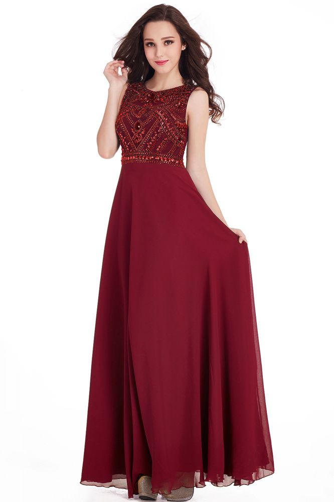 Vestidos de fiesta largos de gasa con cristales, joya y corte entallado hasta el suelo