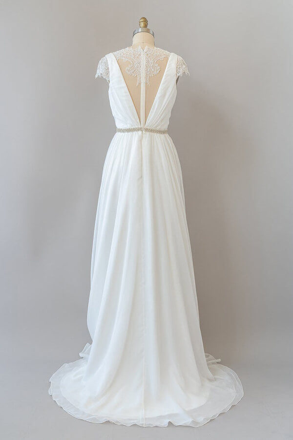 Vestido de Noiva Comprido em Chiffon com Decote em V e Renda, com Mangas de Capa