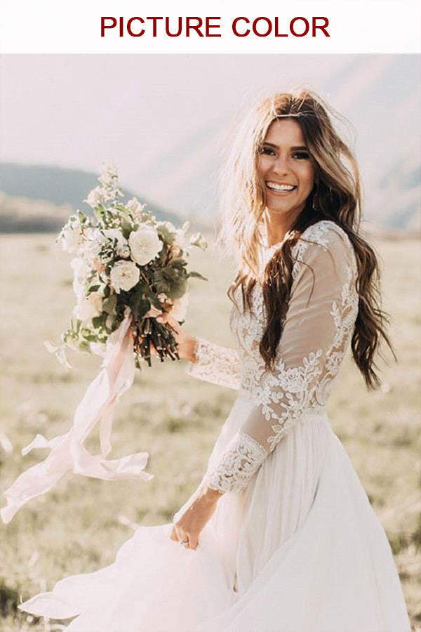 Vestido de novia de gasa con encaje, apliques y manga larga en forma de A