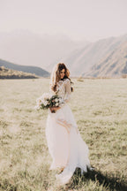 Vestido de novia de gasa con encaje, apliques y manga larga en forma de A