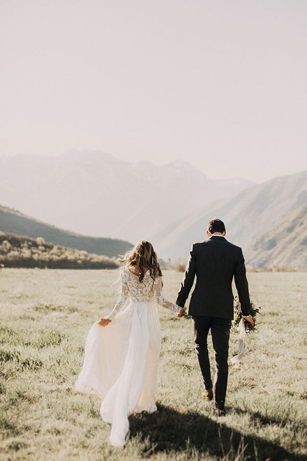 Vestido de novia de gasa con encaje, apliques y manga larga en forma de A