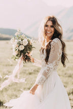 Vestido de novia de gasa con encaje, apliques y manga larga en forma de A