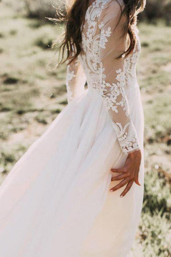 Vestido de novia de gasa con encaje, apliques y manga larga en forma de A