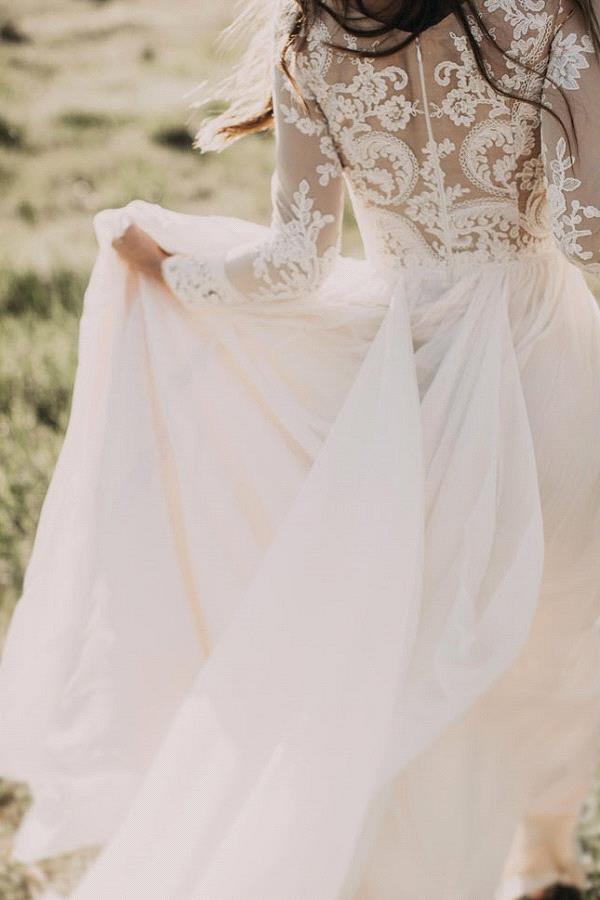 Vestido de novia de gasa con encaje, apliques y manga larga en forma de A