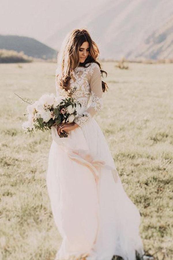 Vestido de novia de gasa con encaje, apliques y manga larga en forma de A