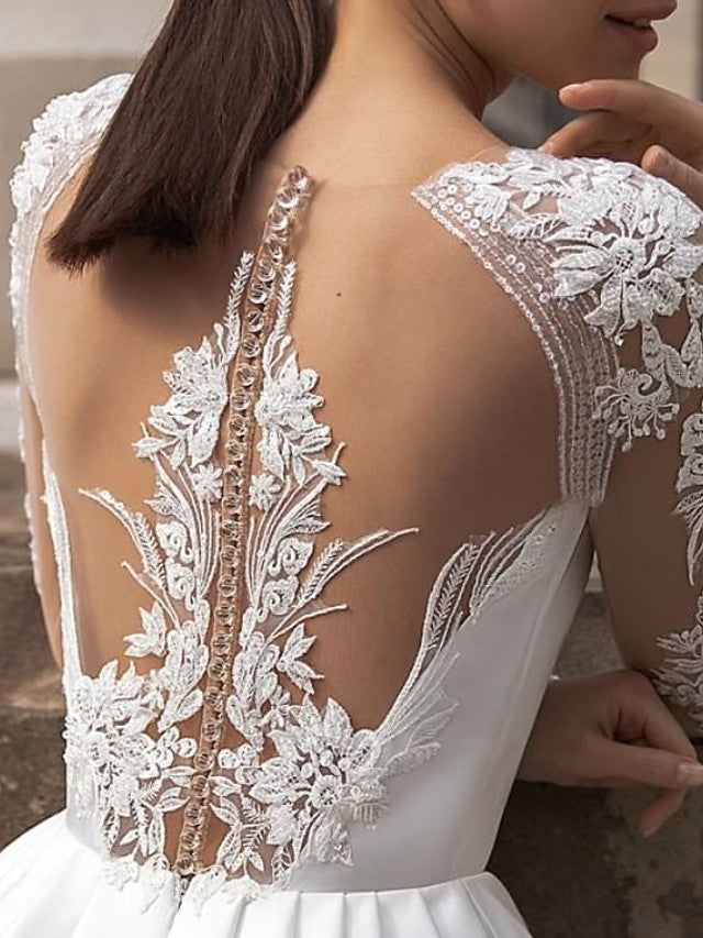 Robes de mariée en satin à manches longues, coupe trapèze, encolure bijou, traîne balayage, dentelle, avec poches
