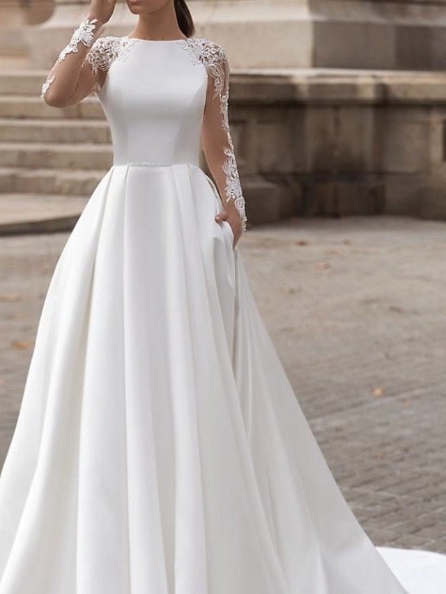 Robes de mariée en satin à manches longues, coupe trapèze, encolure bijou, traîne balayage, dentelle, avec poches