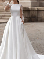 Robes de mariée en satin à manches longues, coupe trapèze, encolure bijou, traîne balayage, dentelle, avec poches