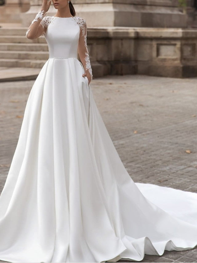 Robes de mariée en satin à manches longues, coupe trapèze, encolure bijou, traîne balayage, dentelle, avec poches