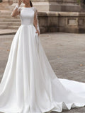 Robes de mariée en satin à manches longues, coupe trapèze, encolure bijou, traîne balayage, dentelle, avec poches