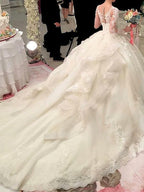 Abito da sposa in organza a maniche lunghe, linea a trapezio, scollo a barchetta, con strascico da cerimonia