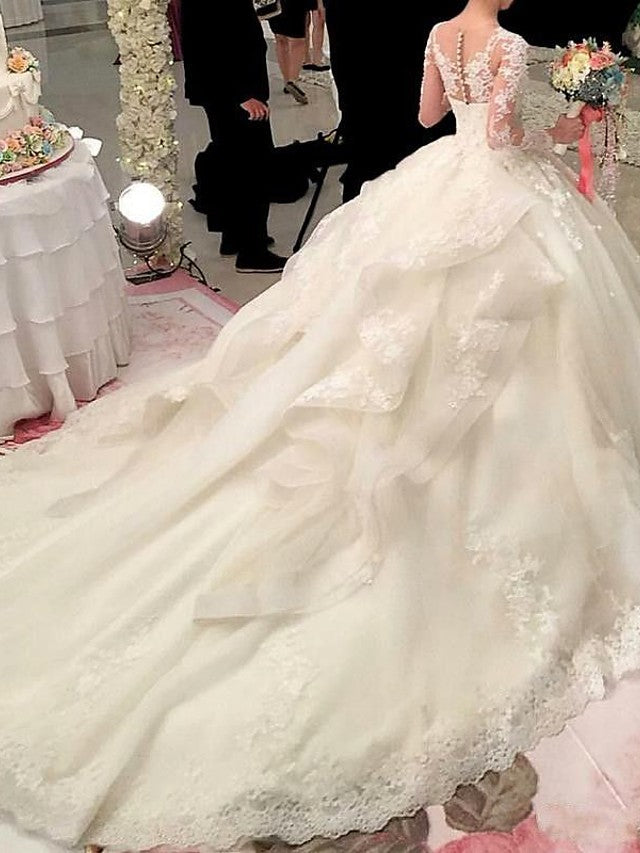 Langarm A-Linie U-Ausschnitt Hofschleppe Organza Brautkleider