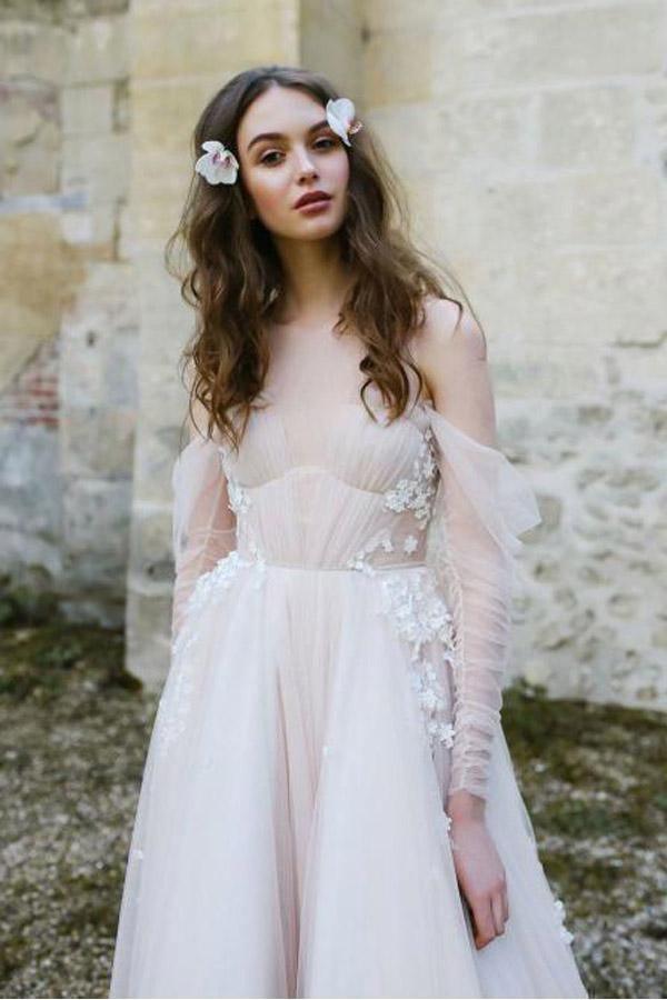 Robes de mariage de plage à manches longues, épaules dénudées, robe de mariage bohème rustique