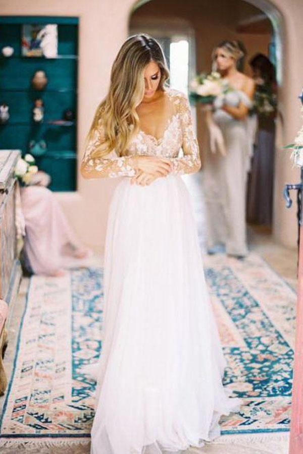Robes de mariée en tulle ivoire à manches longues, dos nu et transparentes