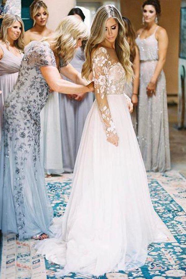 Robes de mariée en tulle ivoire à manches longues, dos nu et transparentes