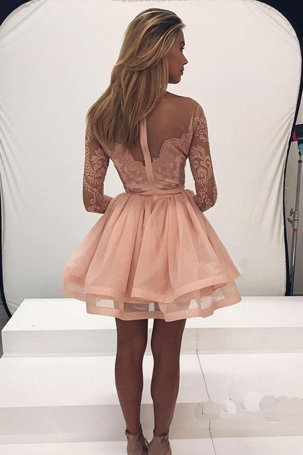 Long Sleeve Lace Homecoming Dress Tulle Zipper Back Party Dress