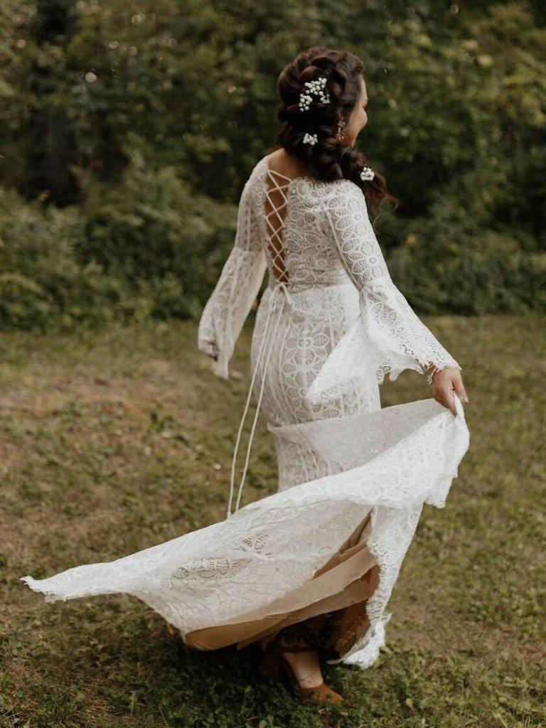 Long Sleeve Lace Wedding Dresses Lace Up Back Beach Wedding Dress