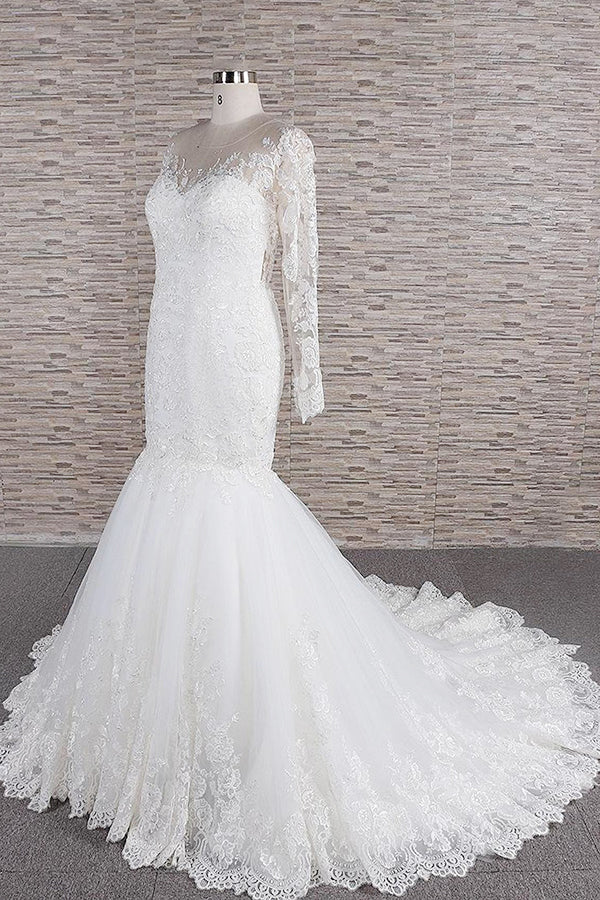 Vestido de Noiva com Aplicações de Sereia, Decote Coração, Renda e Costas Descobertas de Manga Comprida