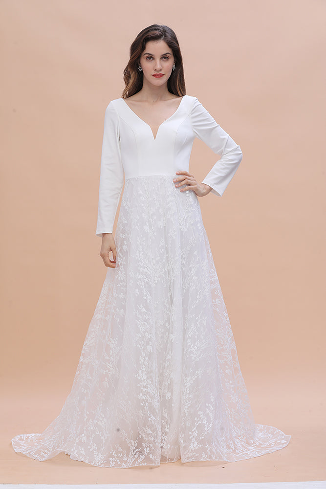 Vestidos de Noiva Boémios de Manga Comprida com Decote em V, Cetim, Sem Costas, em Renda