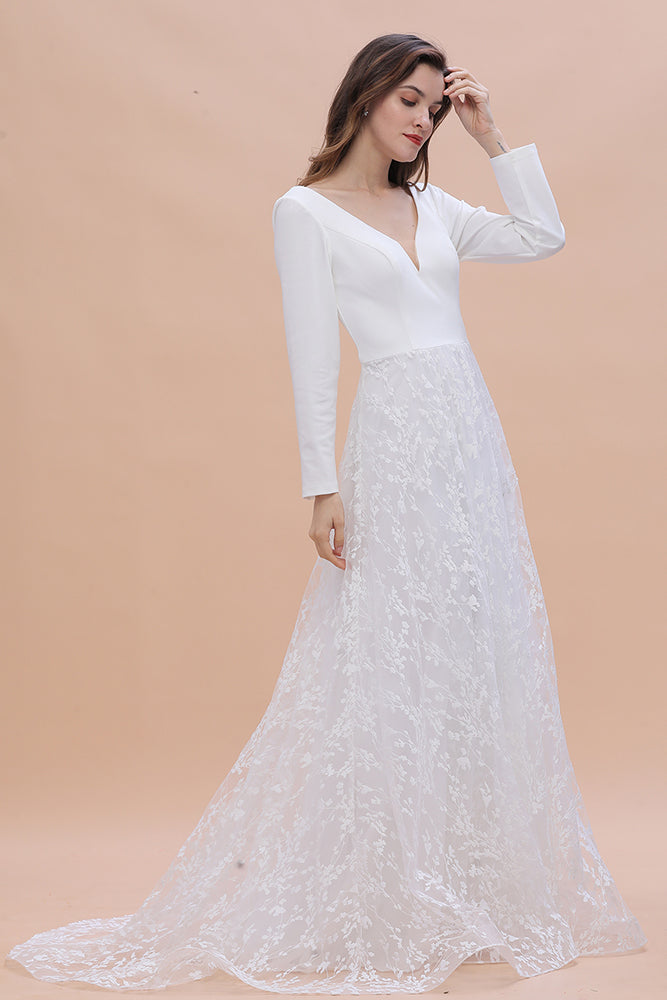 Vestidos de Noiva Boémios de Manga Comprida com Decote em V, Cetim, Sem Costas, em Renda