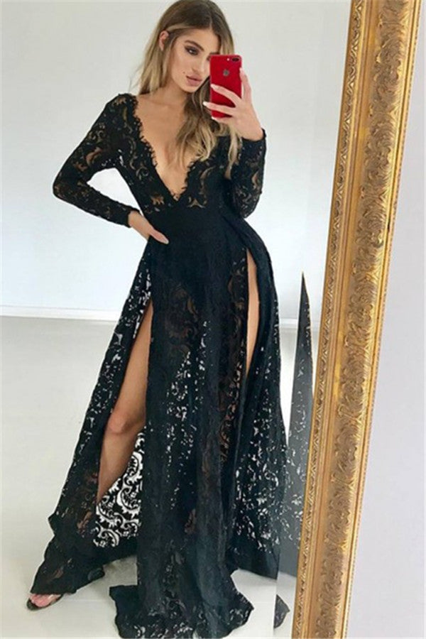 Robe de bal noire en dentelle à manches longues, coupe trapèze, col en V profond avec fente