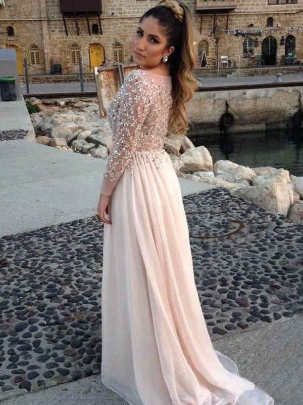 Lange Ärmel A-Linie/Elegantes Bateau-Ausschnitt Perlenbesetztes bodenlanges Chiffonkleid
