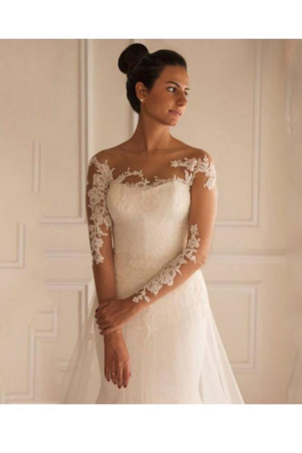 Vestido de novia estilo sirena con mangas largas, apliques, botones y largo hasta el suelo 