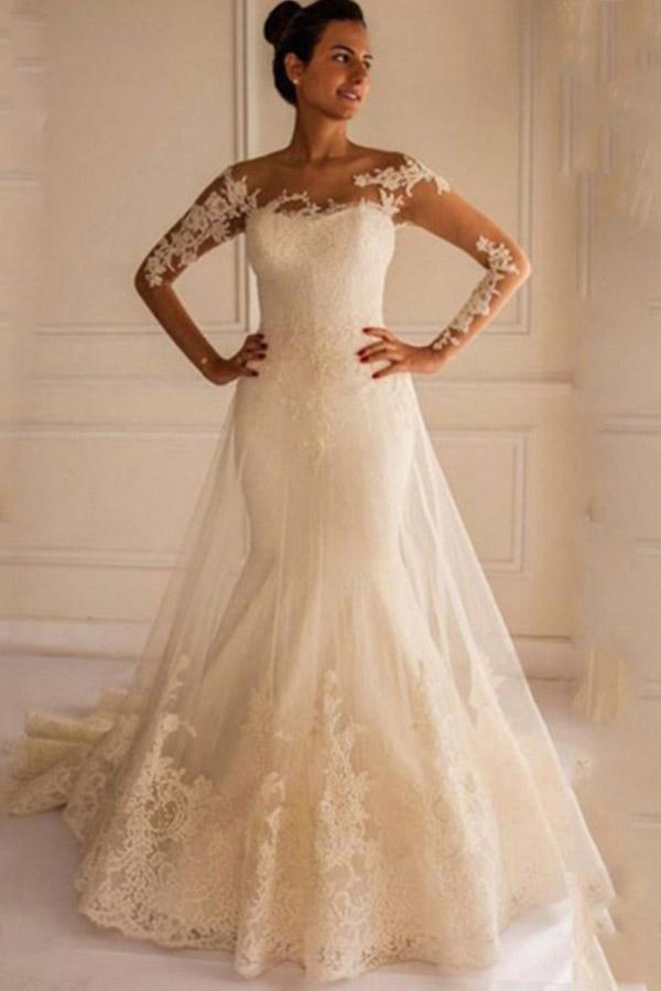 Vestido de novia estilo sirena con mangas largas, apliques, botones y largo hasta el suelo 
