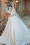 Vestido de noiva de vestido de baile de renda de mangas compridas com apliques de decote em V trem de capela