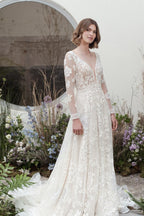 Long Sleeves Beach Lace Boho Wedding Dress With Chapel Train