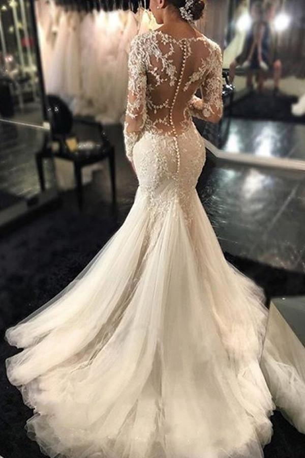 Robe de mariée ivoire à manches longues avec traîne courte et appliques en dentelle