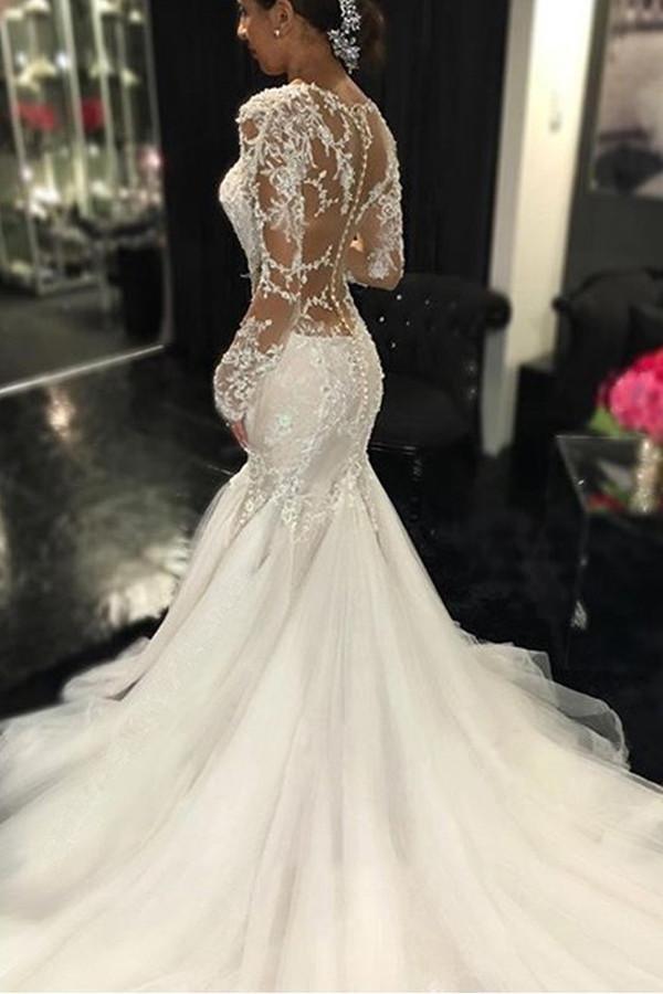 Robe de mariée ivoire à manches longues avec traîne courte et appliques en dentelle