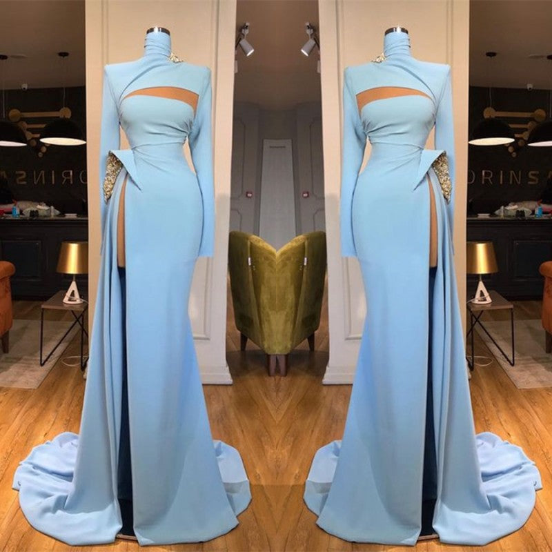 Vestido de fiesta de sirena con cuello alto y mangas largas con abertura