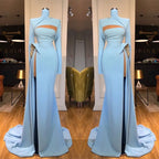 Vestido de fiesta de sirena con cuello alto y mangas largas con abertura